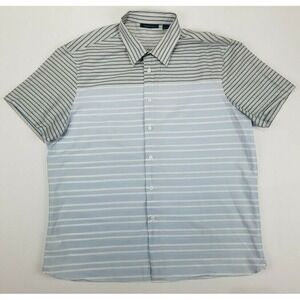 Perry Ellis Mens Short Sleeves Button Down White Blue Striped Shirt cotton
